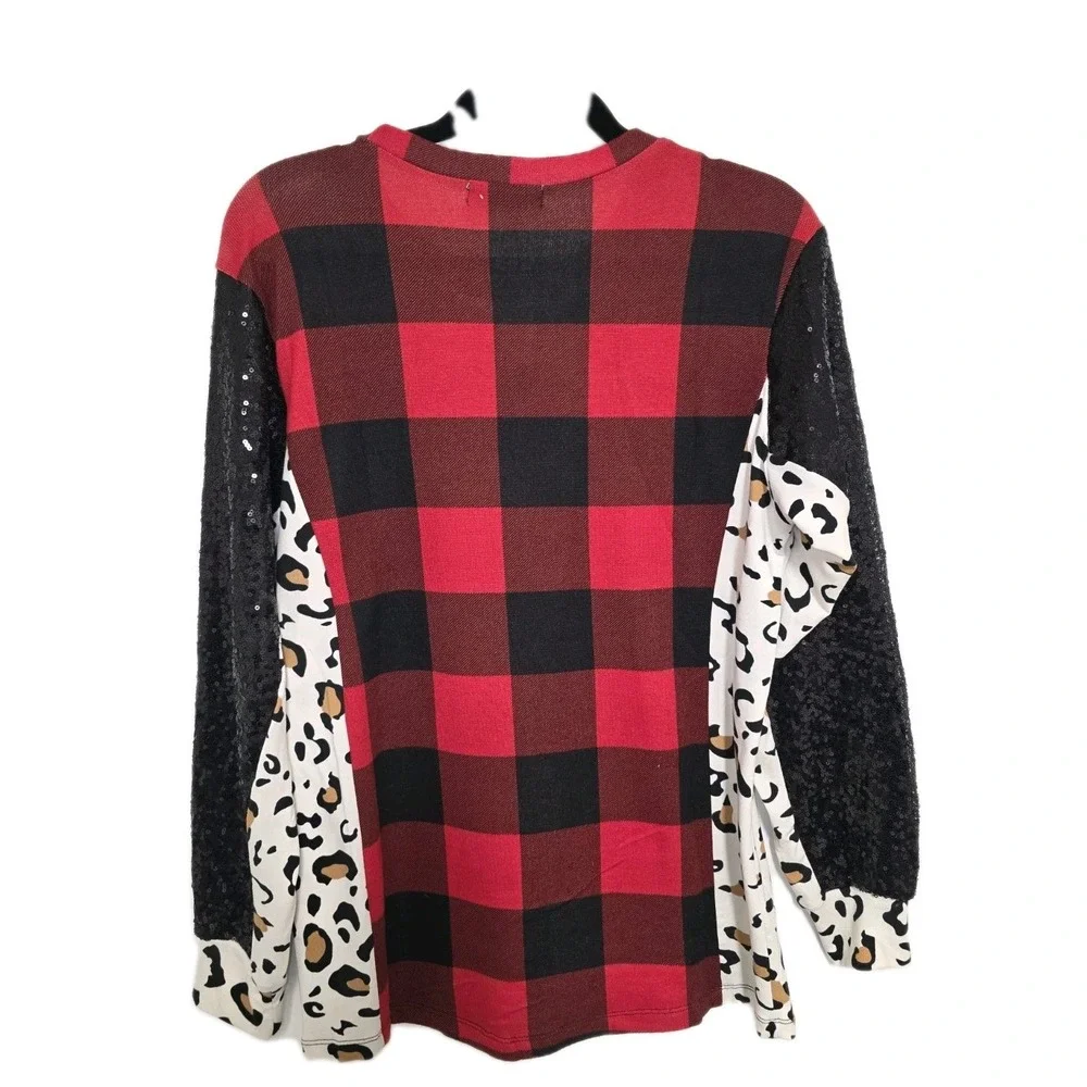 🟥 Sunshine & Rodeos Buffalo Plaid Leopard Sleeve Top S GUC 🎀‎ Cozy Trendy Mix